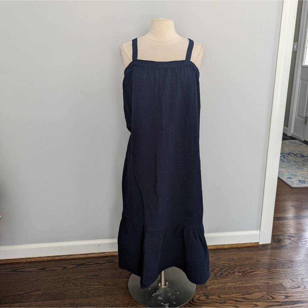 Magaschoni Navy Organic Cotton Midi Dress Lace Strap Detail Medium Beach Boho